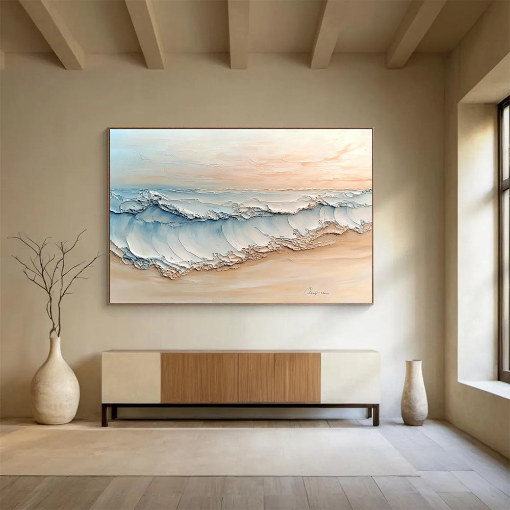 “Pastel Beach Wave Art” - Beige, Blue, White, Textured Beach Wave Painting On Canvas HB0974