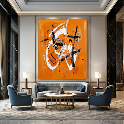 Contemporary hand-painted abstract artwork features vibrant orange and white shapes, dynamic lines, and energetic brushstrokes with striking black accents. DLZ0632