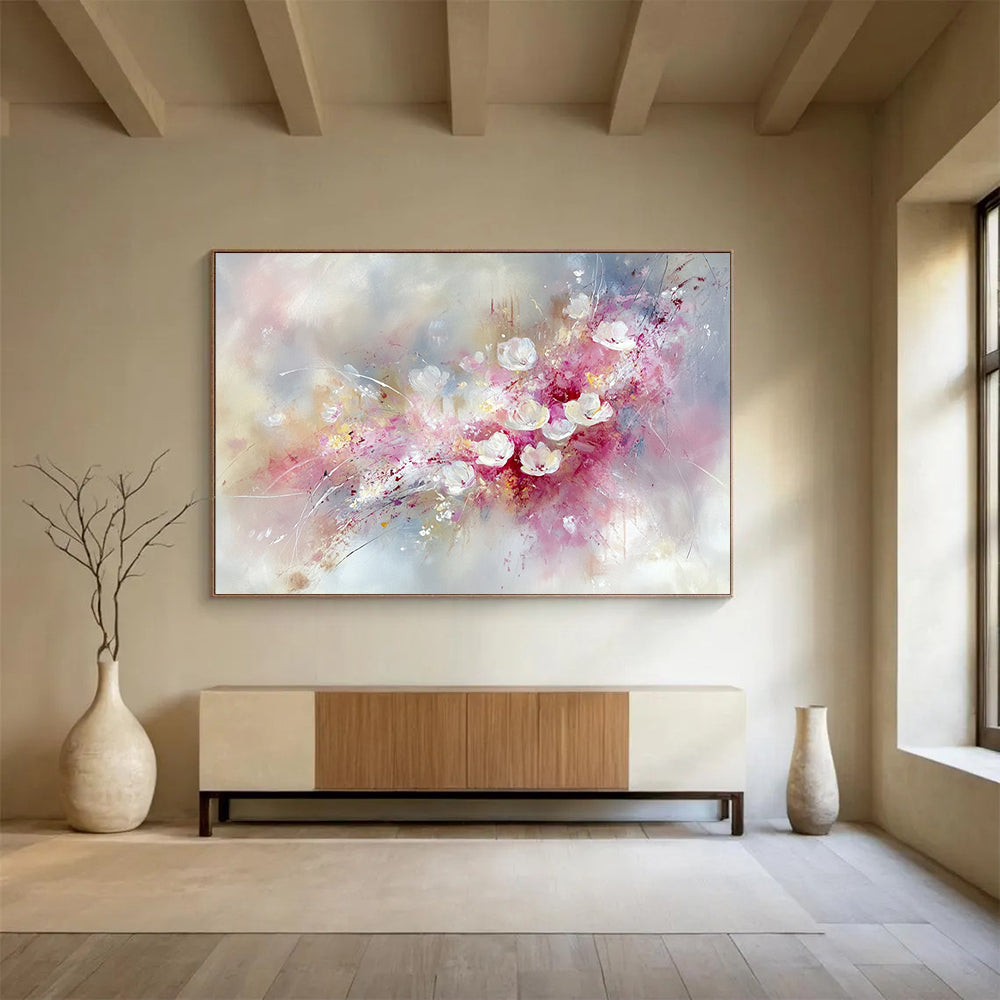 “Blush Floral Burst” - Pink, White, Gray, Abstract Flowers - Oil Painting HB1481