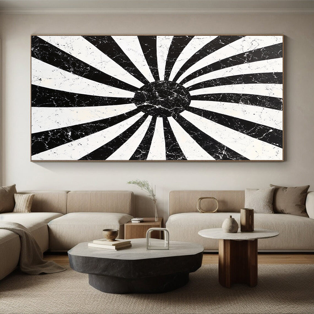 Black, White, Radial Stripes "Marbled Sunburst Radials" Abstract Geometric Painting On Canvas HB178