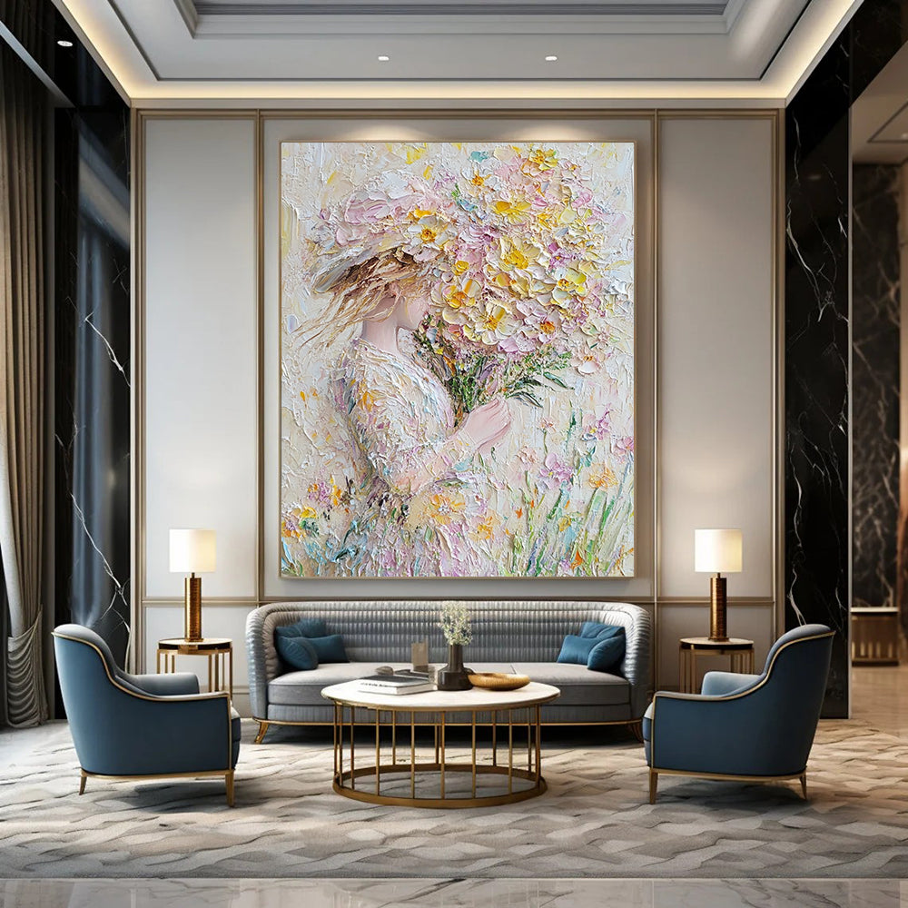 Contemporary abstract art featuring impasto technique vibrant spring flowers in pastel hues perfect for enhancing wall decor. DLZ1666