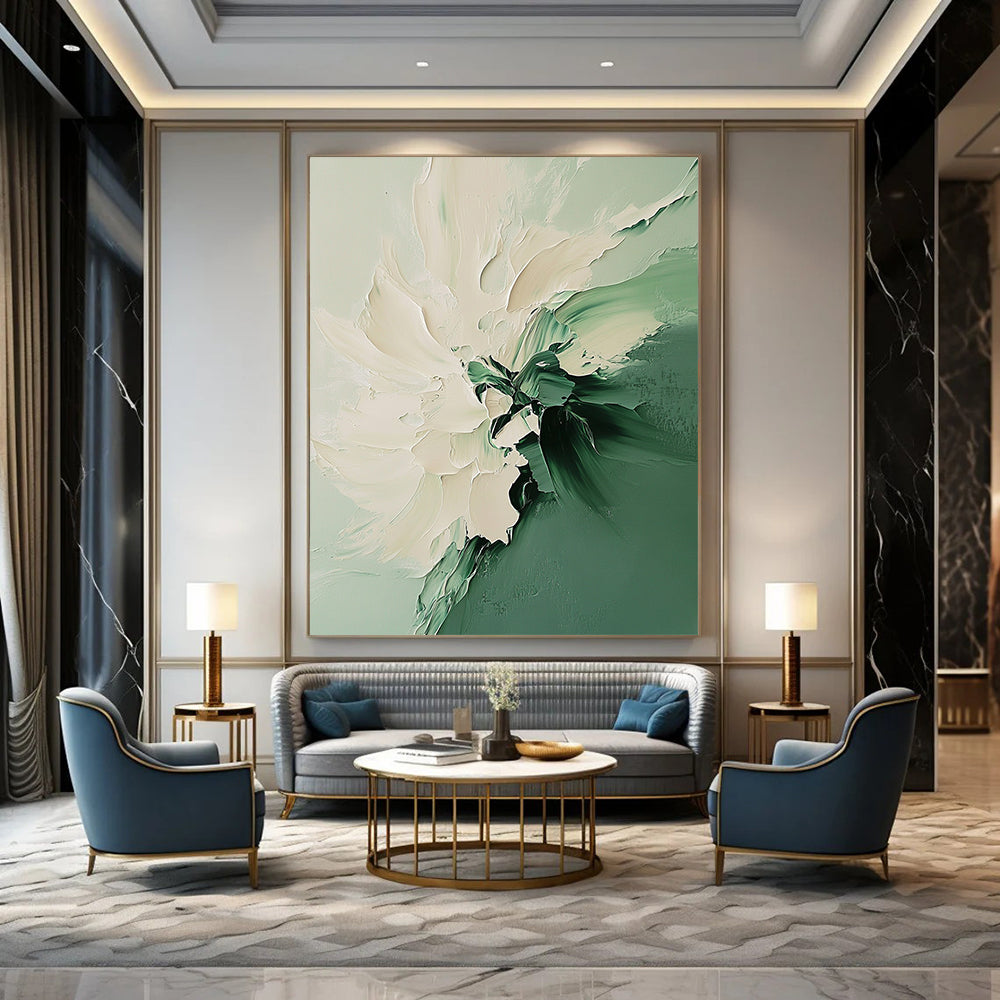 Contemporary abstract painting featuring a white and green flower with fluid shapes soft edges and vibrant colors in a dreamy texture. DLZ0606