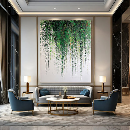 Large contemporary hand-painted abstract artwork featuring a weeping willow with green leaves and soft textures against a white background. DLZ1707