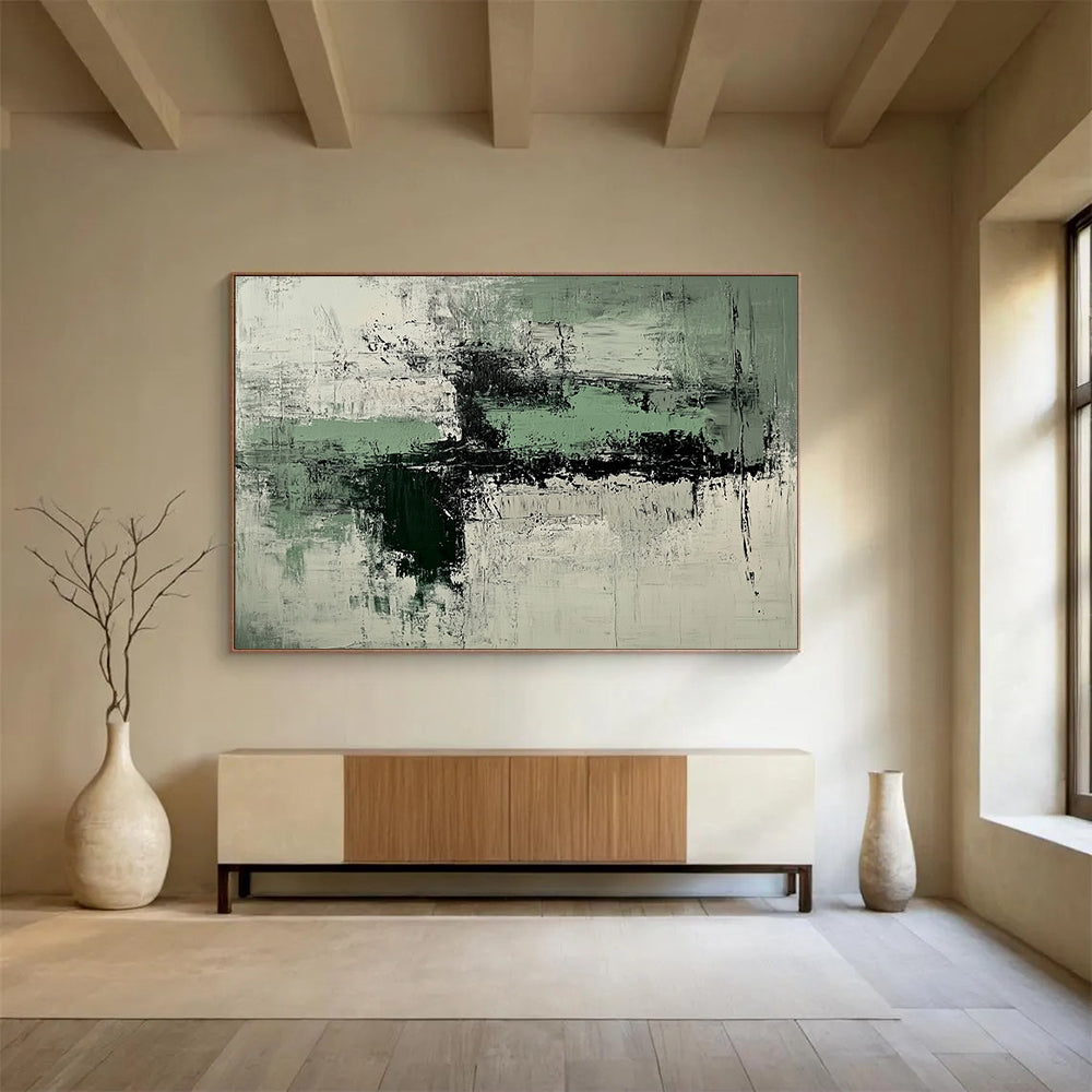 “Green and Gray Abstract Textures” - Green, gray, white, black; Textured abstract with green and gray; Acrylic Painting On Canvas HB1250