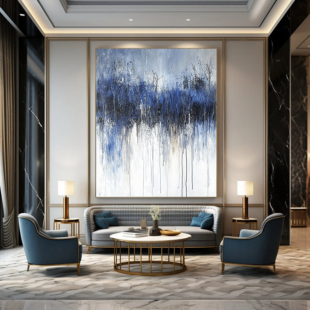 Contemporary abstract painting featuring thick brushstrokes and a cold palette of dark gray and navy blue, evoking feelings of sadness and solitude. DLZ0666