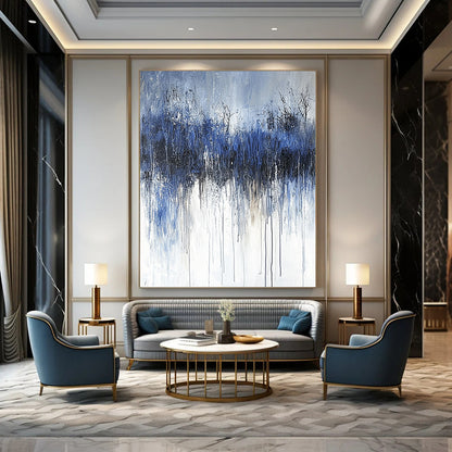 Contemporary abstract painting featuring thick brushstrokes and a cold palette of dark gray and navy blue, evoking feelings of sadness and solitude. DLZ0666
