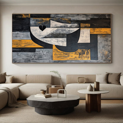 Gray, Black, White and Yellow Cubist Portrait "Abstract Identity" Painting On Canvas HB373