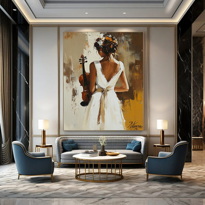 Contemporary abstract painting featuring a woman in a white dress holding a violin, inspired by the elegance of Peter Wileman. DLZ1129