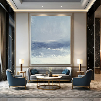 Contemporary abstract painting featuring a foggy sea in grey and blue, inspired by James Whistler's minimalist style, perfect for modern decor. DLZ0595