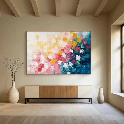 “Dynamic Square Composition” - Pink, Red, Yellow, Blue, White - Energetic Square Abstract - Acrylic Painting HB1321