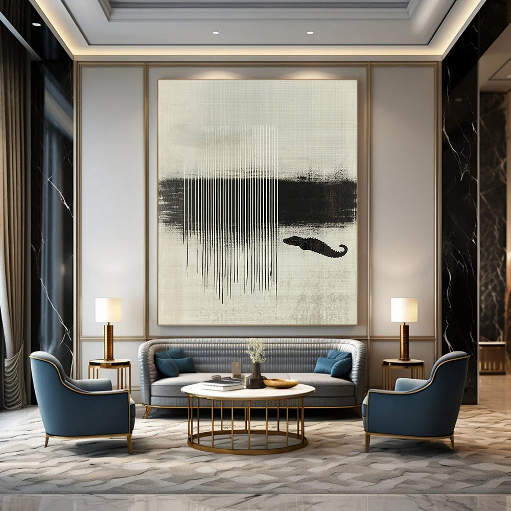 Contemporary abstract artwork featuring black and white stripes layered with textures and a crocodile silhouette enhancing minimalist aesthetic. DLZ1438