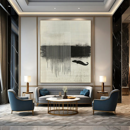 Contemporary abstract artwork featuring black and white stripes layered with textures and a crocodile silhouette enhancing minimalist aesthetic. DLZ1438