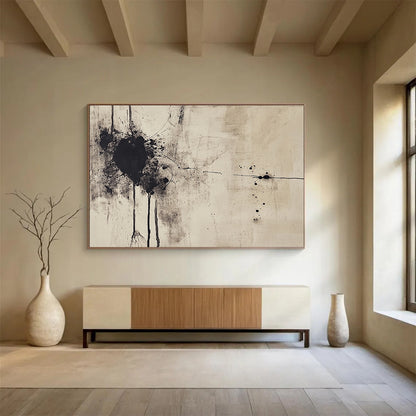 “Ink - Splatter Abstract” - Black, Beige with Spattered Ink - Painting On Canvas HB1387