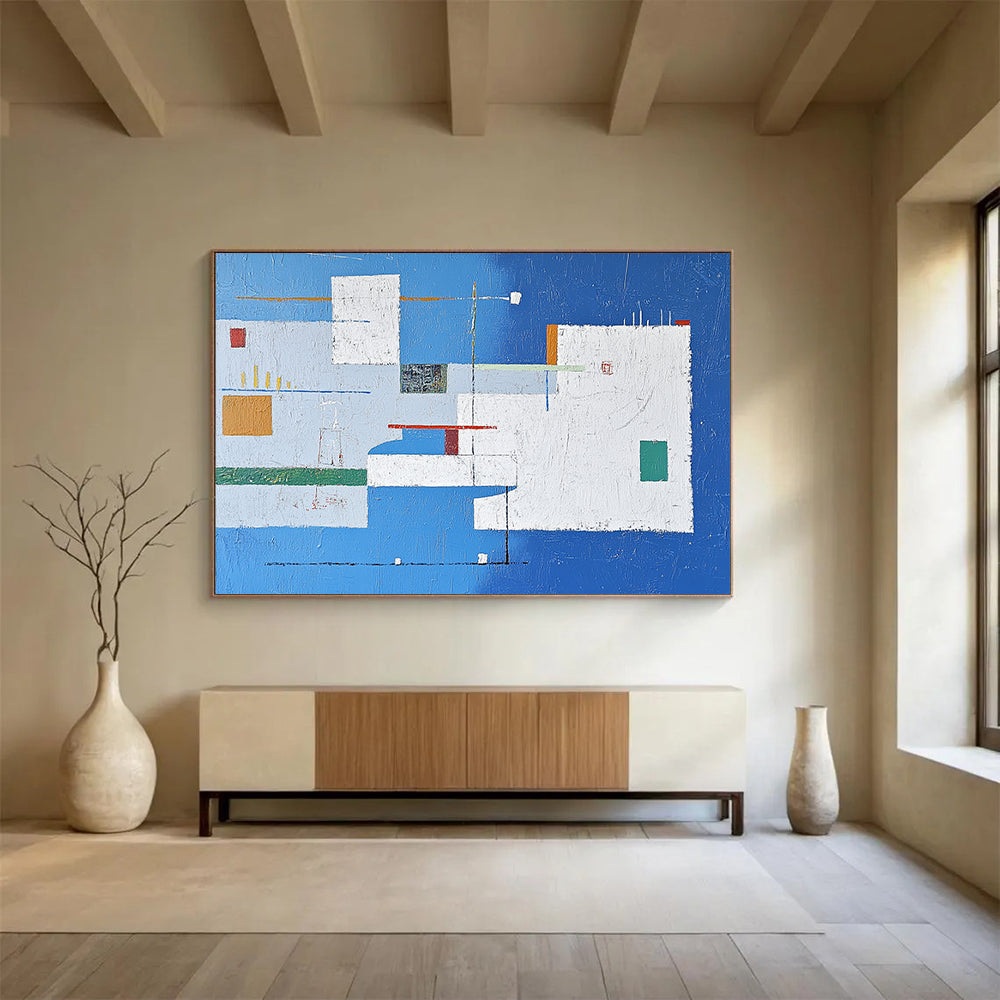 “Blue - White Abstract Geometric Composition” - Blue, White, Colorful Geometric Shapes Painting On Canvas HB0835