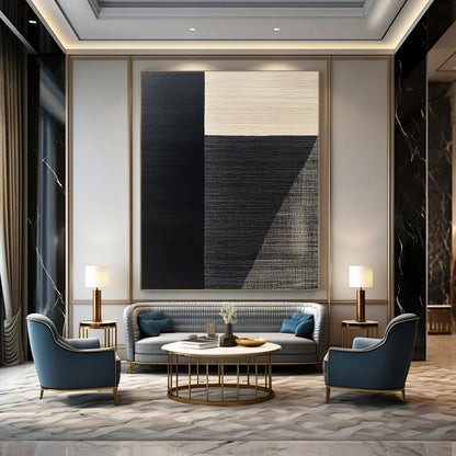 Contemporary hand-painted abstract art featuring a black and gray minimalist rug design inspired by Picasso with elegant composition and harmonious color palette. DLZ1536