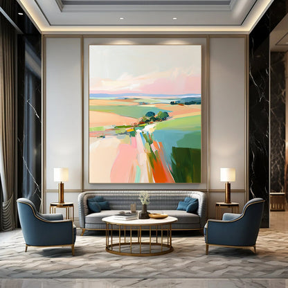 Contemporary hand-painted abstract art featuring soft pink skies and vibrant green and blue fields inspired by Robert H and Fairfield Porter. DLZ0408