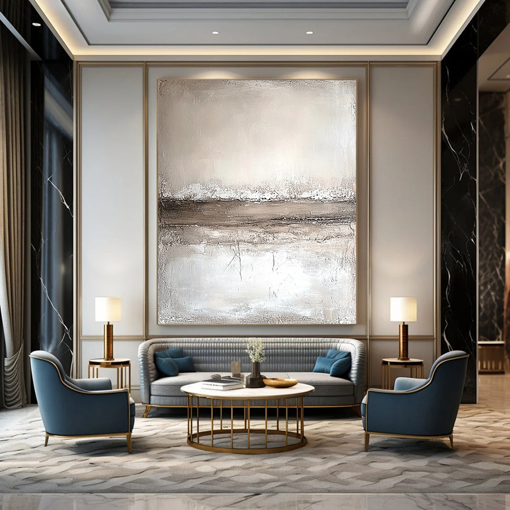 Abstract painting featuring neutral tones in faded beige and white with horizontal lines and a textured background on a large canvas in minimalist style. DLZ0559
