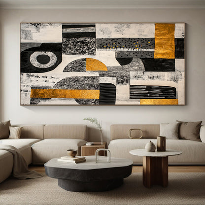 Black, White, Gray, Gold and Yellow Geometric Collage "Vibrant Mosaic" Painting On Canvas HB377
