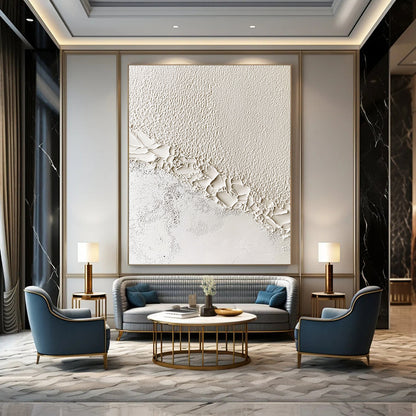 Contemporary hand-painted abstract artwork featuring textured white waves at the wall and ceiling edge, symbolizing creativity and innovation in architectural design. DLZ1215
