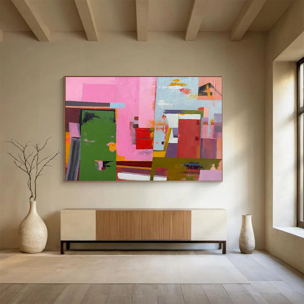 Pink - Green Color Block Abstract - Cheerful Bedroom Accent DLZ013