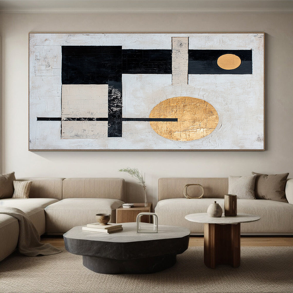White, Black, Gold with Geometric Circles "Celestial Balance" Abstract Painting On Canvas HB018