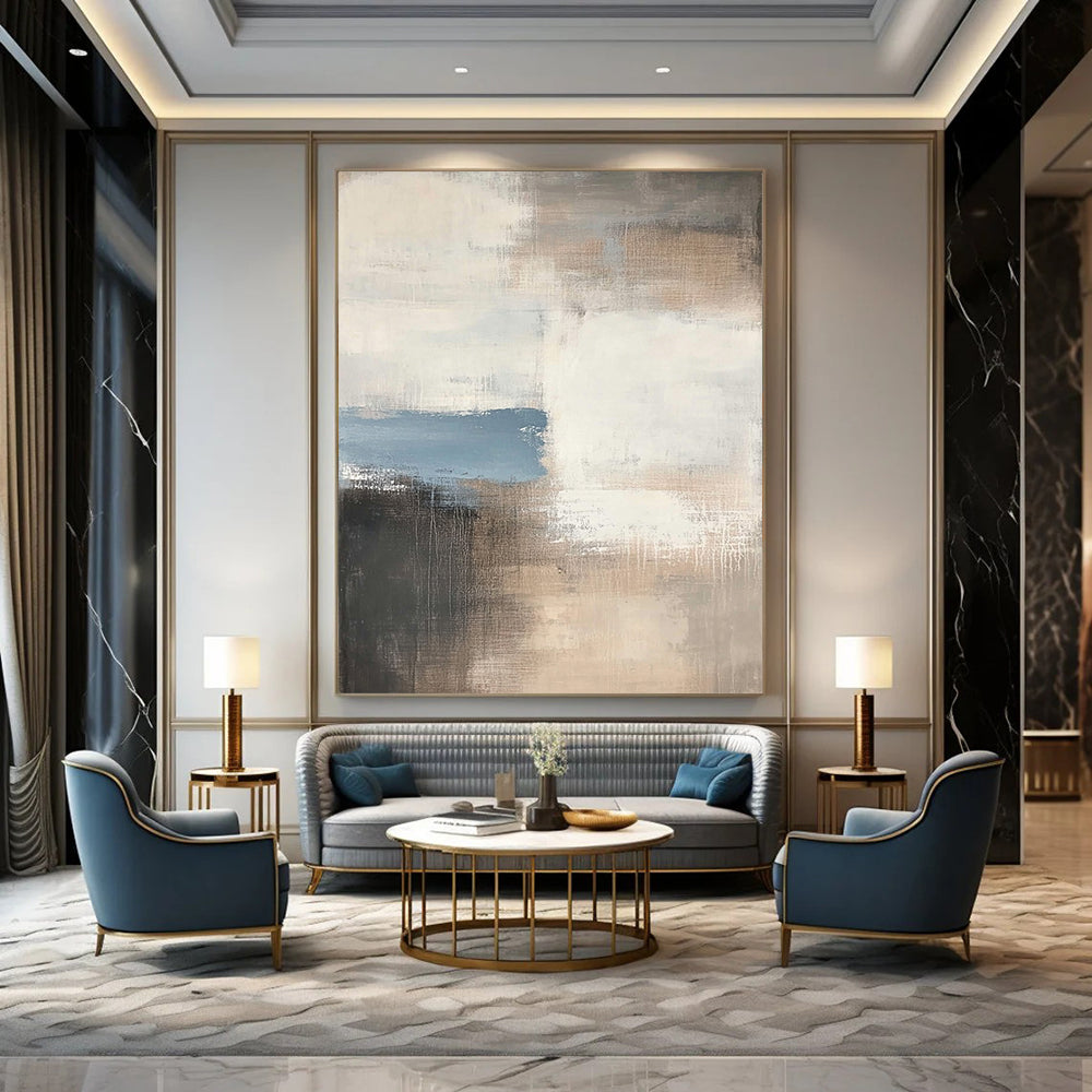 Contemporary hand-painted abstract art featuring soft beige and gray tones accented with hints of blue, perfect for enhancing any modern space. DLZ1057