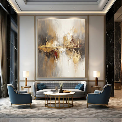 Large contemporary abstract painting featuring soft beige and gray tones enhanced with gold accents and a blurred background for a modern aesthetic. DLZ0759