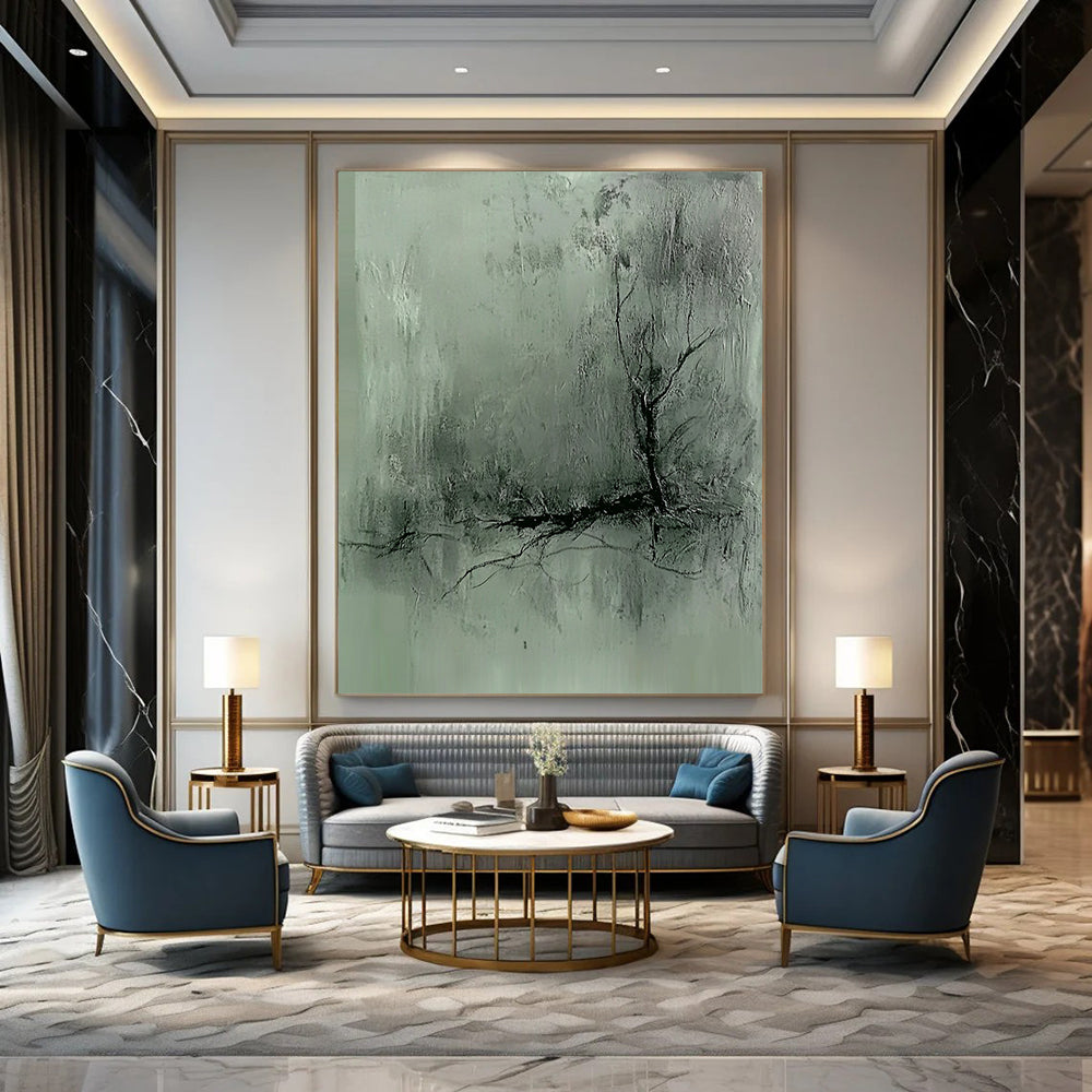 Contemporary hand-painted abstract art features a gray-green textured background with dark lines and a blurred silhouette, evoking a mysterious atmosphere with delicate brushwork. DLZ0504
