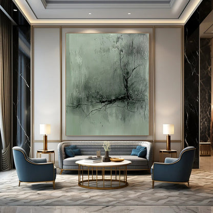 Contemporary hand-painted abstract art features a gray-green textured background with dark lines and a blurred silhouette, evoking a mysterious atmosphere with delicate brushwork. DLZ0504