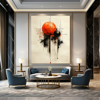 Contemporary abstract painting featuring geometric shapes with an orange sphere and black spheres on a textured white background. DLZ0857