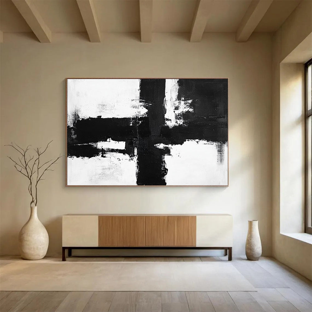 “Bold Black - White Cross Strokes” - Black, White, Dynamic Crosses Painting On Canvas HB0799