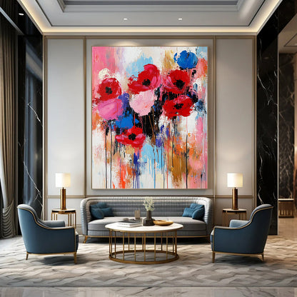 Expressive contemporary abstract painting of flowers in vibrant red pink and blue with thick brushstrokes and texture capturing the warmth of springtime. DLZ0982