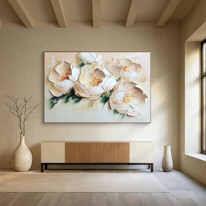 “Blush Peony Blooms” - Muted peaches, whites, greens; Thick - textured peony flowers; Impasto Floral Painting On Canvas HB1157
