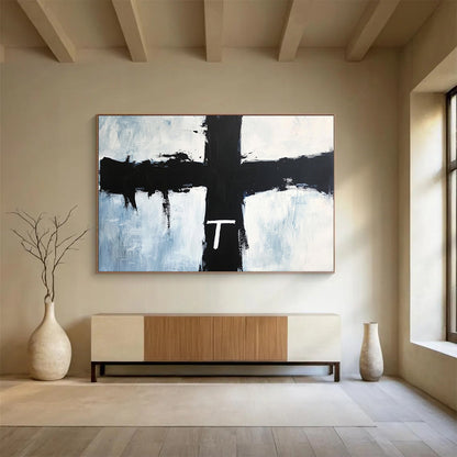 Black Cross with White 'T' on Blue - Symbolic Abstract Painting On Canvas HB0469