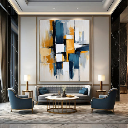 Contemporary hand-painted abstract art featuring dynamic lines and bold blocks in blue, white, gray, and mustard yellow colors for a striking visual impact. DLZ0496
