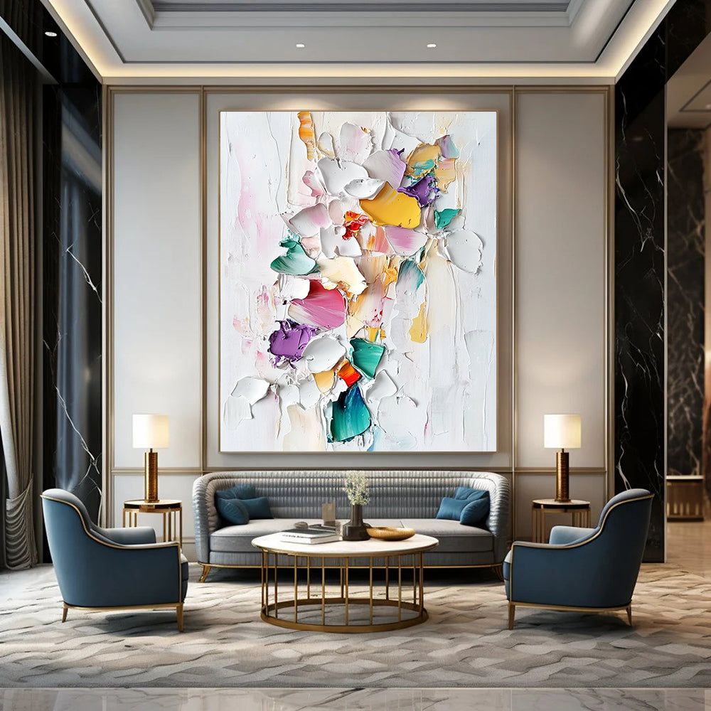 Contemporary abstract painting featuring colorful porcelain pieces and thick brush strokes on a textured white background in a pastel palette. DLZ0834