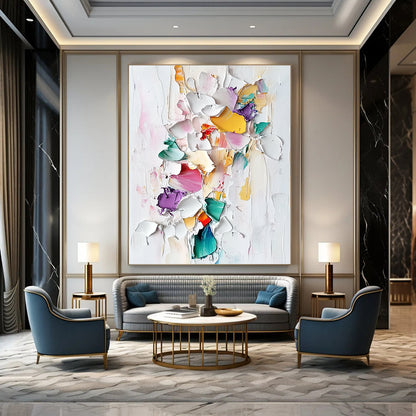 Contemporary abstract painting featuring colorful porcelain pieces and thick brush strokes on a textured white background in a pastel palette. DLZ0834