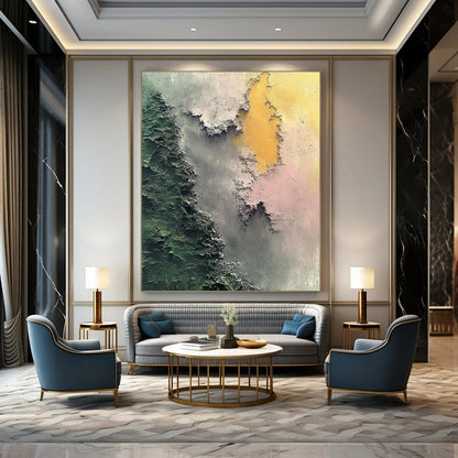 Contemporary hand-painted abstract art features aerial topography in soft greens and grays with islands in light pink and dark gray evoking mystery. DLZ0568