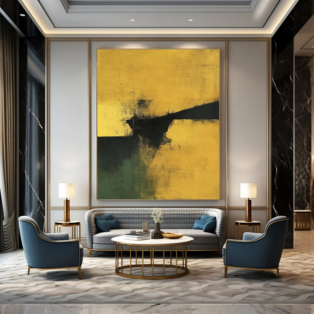 Contemporary abstract art showcasing earthy yellows and greens with touches of black and gold in a minimalist design. DLZ0915