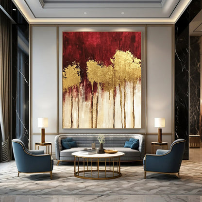 Contemporary hand-painted abstract art featuring textured red and gold trees with striking gold foil accents and a rich dark red and white palette. DLZ1445