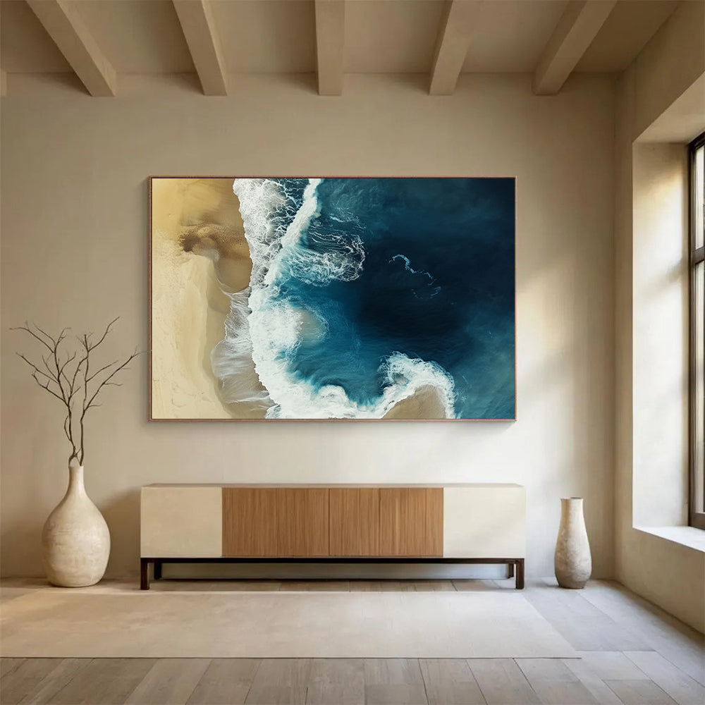 “Aerial Beach View” - Blue, White, Beige with Ocean and Sand - Aerial Photography Print HB1355