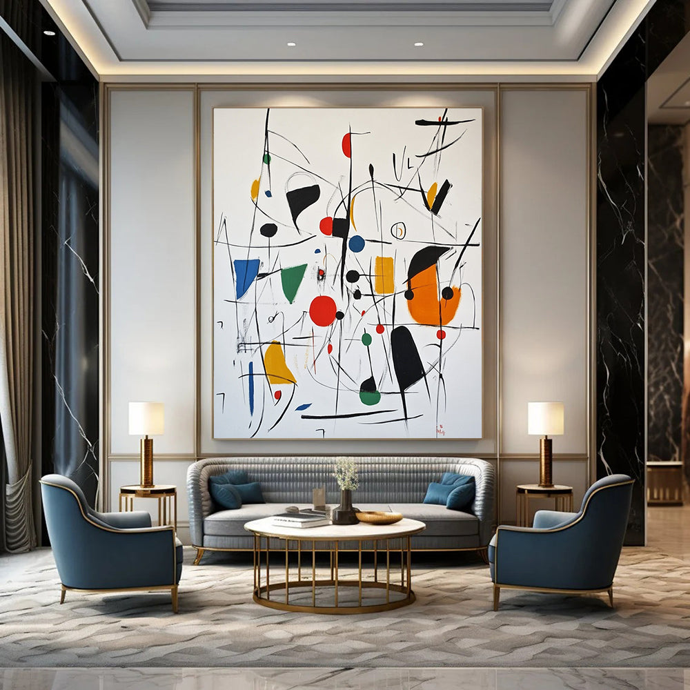 Contemporary abstract artwork featuring expressive shapes in vibrant colors with black red circles green blue squares and dynamic lines evocative of Joan Miró's style. DLZ1511