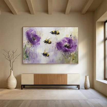 “Buzzing Bees and Purple Poppies” - Purples, Yellows, Blacks, Nature Scene - Textured Oil Painting HB1564