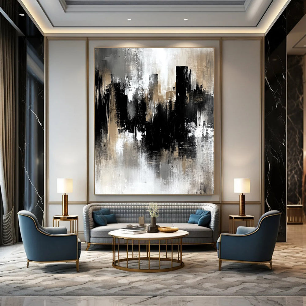 Contemporary hand-painted abstract art featuring a gray and black industrial cityscape with soft edges and loose brushstrokes in muted tones. DLZ0707