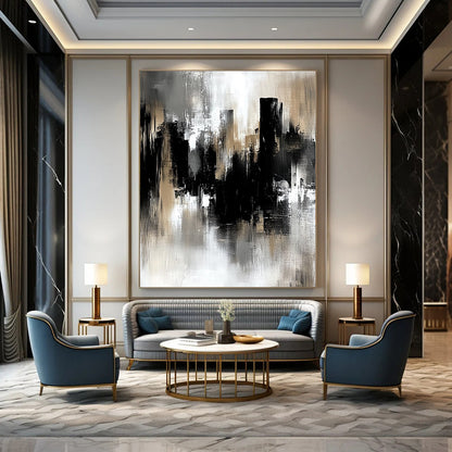 Contemporary hand-painted abstract art featuring a gray and black industrial cityscape with soft edges and loose brushstrokes in muted tones. DLZ0707