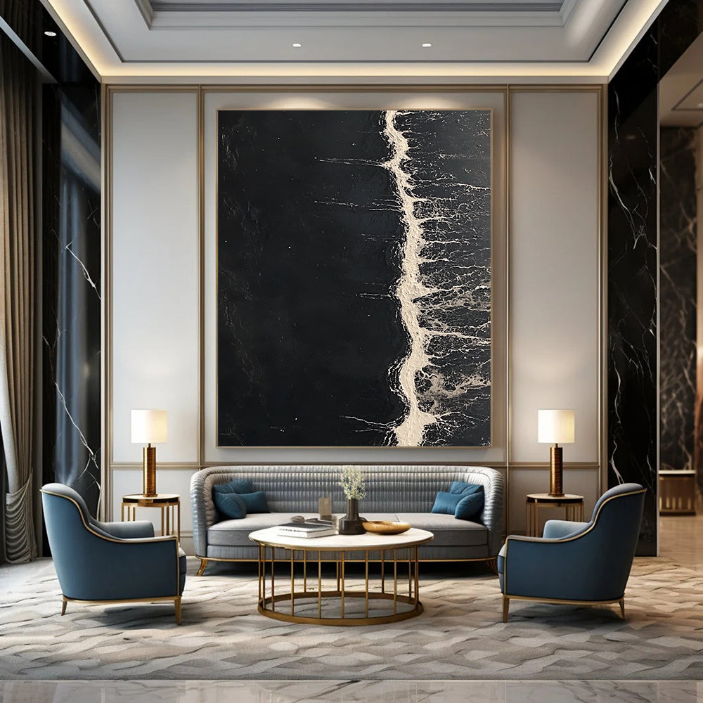 Vibrant contemporary abstract art featuring dark sea tones and striking white water lines, inspired by celebrated modern artists. DLZ0843