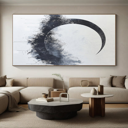 Black, White, Gray, Textured Crescent "Midnight Moon" Abstract Expressionist Painting On Canvas HB092