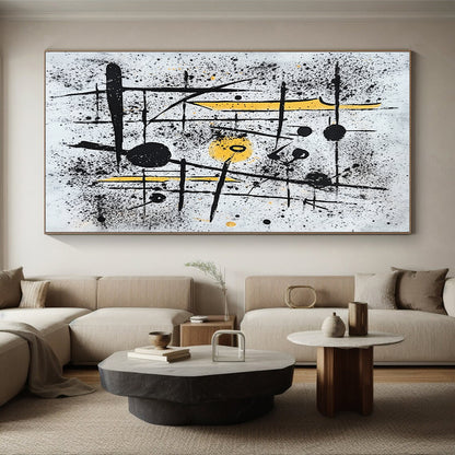 Black, White & Yellow Spattered Lines - “Chaotic Energetic Scribbles” Painting On Canvas HB205