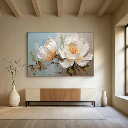Textured White Peony Painting - Elegant Bedroom Floral Decor DLZ174