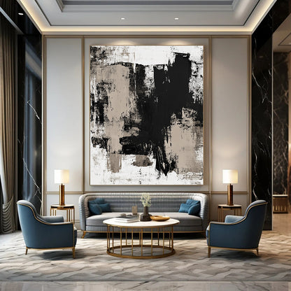 Contemporary hand-painted abstract art featuring beige tones on a white background with dark gray accents, adding elegance to any space. DLZ0294